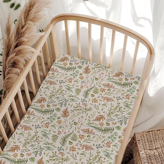 Cream Autumn Ferns and Leaves Baby Crib Sheets for Boy Girl 52"x28" Fall Autumn Leaves Soft Snug Fitted Crib Mattress Cover Thanksgiving Harvest Baby Sheet Fits Standard Crib and Toddler Bed Mattress