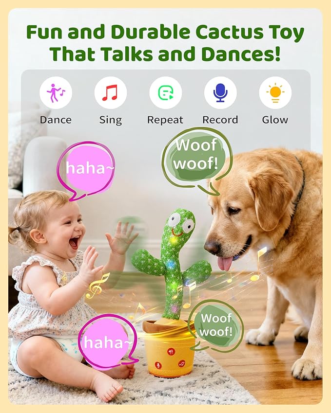 Dancing Talking Cactus Baby Toy, Mimicking & Repeating with Singing, Dancing and Recording, Volume Adjustable, Stocking Stuffers for Infants Toddlers Boys and Girls