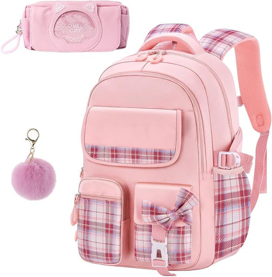 Aulenge Kids Backpack for Girls Cute Teen School Backpack Ages 8-12 with Pencil Case Set Kawaii Stitch Pink School Bookbags with Multiple Pockets for Primary & Middle School Students