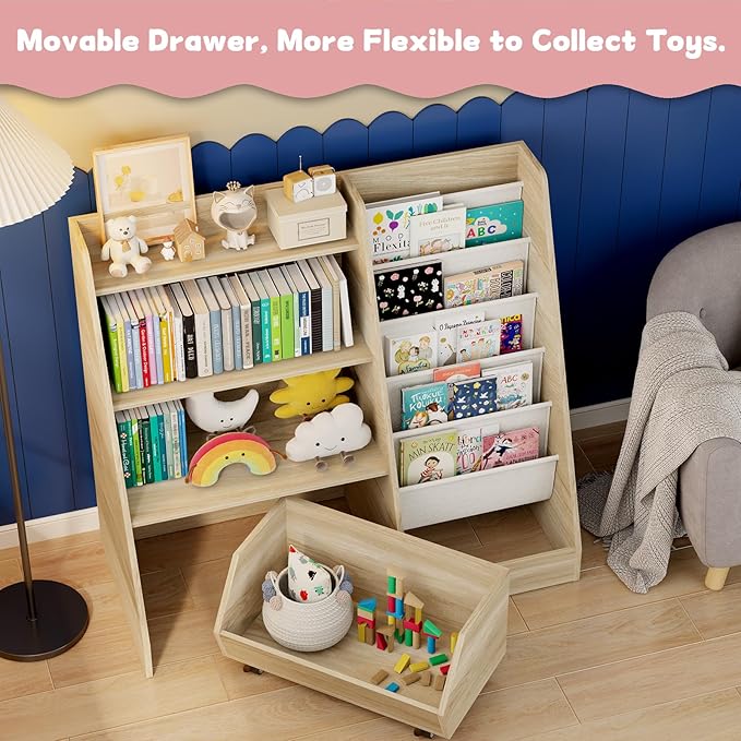 COZPAW Kids Bookshelf and Toy Storage, 4 Tier Toddler Bookshelf with Movable Drawer 5 Sling Pockets, Montessori Book Shelf for Kids Room, Playroom, Nursery (Oak)