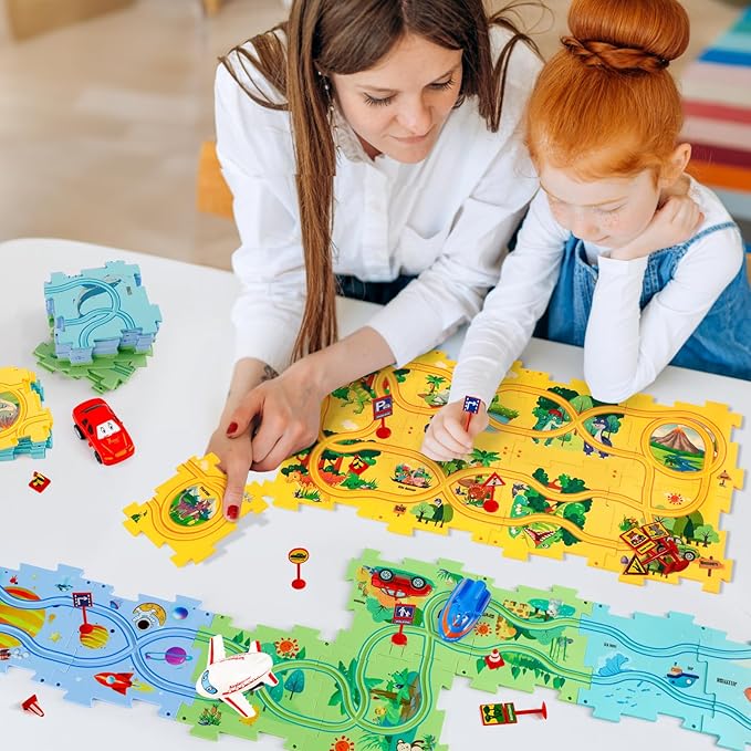 Puzzle Racer Kids Car Track Set, Kids Toys Boys 3-5, Toys for 3 4 5 6 Year Old Boys, Toys for Ages 3-4, Montessori Toys for 3+ Year Old, Fat Brain Toys(100Pcs, 4 Themes)
