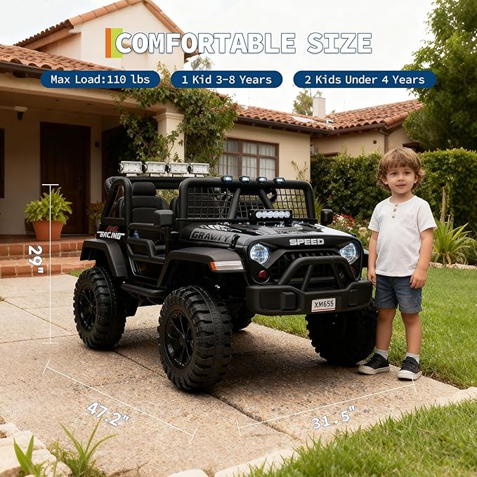 24V Ride on Car for Kids, 2 Seater Electric Truck with Parent Remote Control, Spring Suspension, 2 Speeds, LED Headlight & Music Player, Kids Electric Vehicle for Aged 3-8 Years, Black