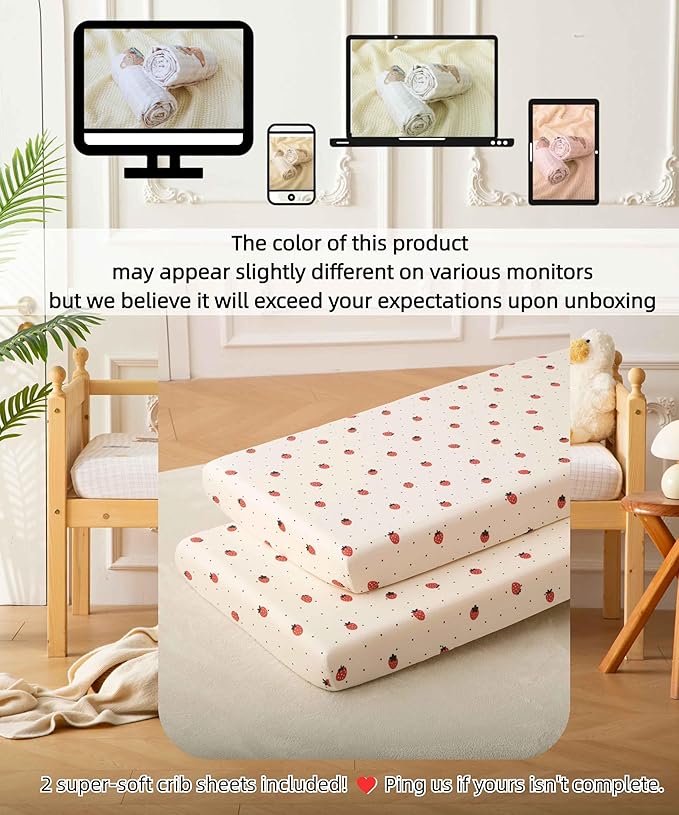 SDY Jersey Strawberry Crib Sheets for Baby Girls,52”x28”x8, 2 Pack,Pink Cute Kawaii Standard Oval/Retangle Fitted Crib Sheets for Toddler,Super Soft Breathable