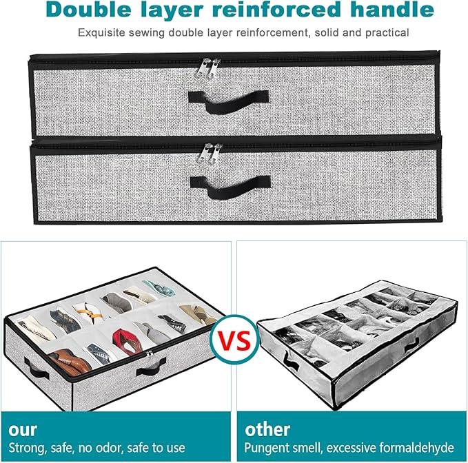 Meerainy Under Bed Shoe Storage Organizer for Closet 2 Pack- Fits 24 Pairs Underbed Shoes Container Boxes Light Grey