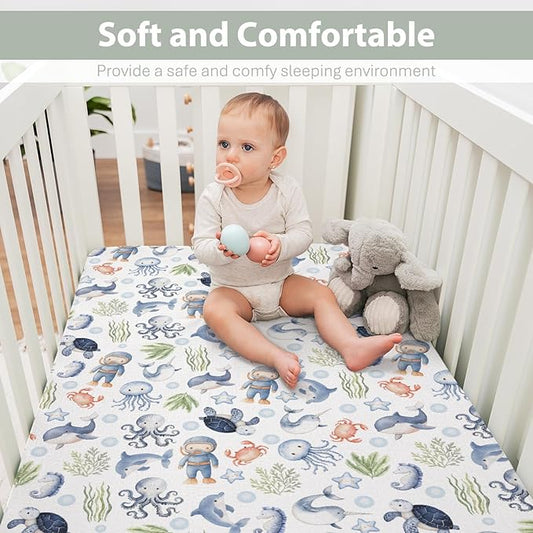 Sea Animal Baby Crib Sheets for Boy Girl 52x28 Diver Turtle Jellyfish Whale Corals Starfish Soft Snug Fitted Crib Mattress Covers Cute Ocean Animals Baby Sheet for Standard Crib & Toddler Bed Mattress