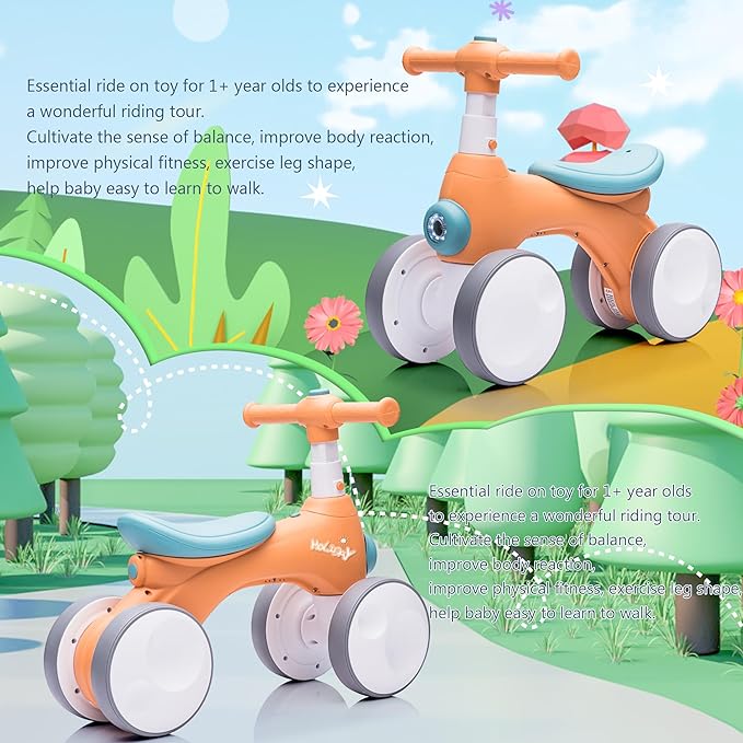 Baby Toddler Balance Bike with Bubble Machine for 1 Year Old Children,4 Wheels Kids Balance Bike w/Bubble Maker,Kids Ride on Toys,Headlight for Ages 12-36 Months Boys Girls (Orange&Green)