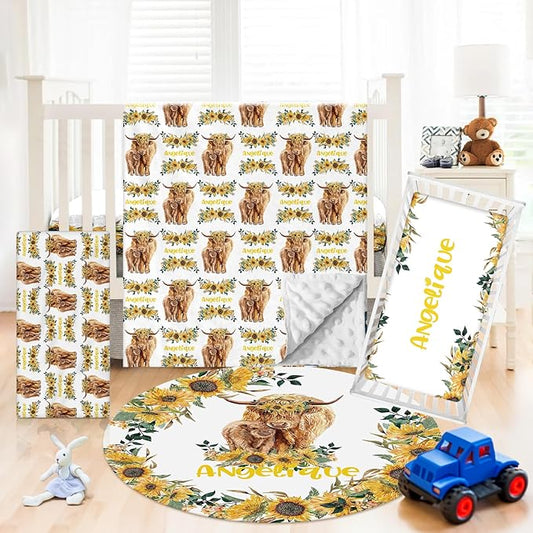 Personalized Crib Bedding Set - 4 Piece Custom Gift Highland Cow Crib Bed Set with Name, Soft Double Layer Blanket Set for Infant Baby Girl, Nursery Bedding Set for Toddler Boys