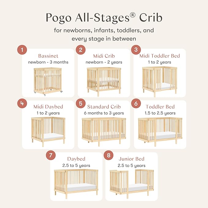 Babyletto Pogo 8-in-1 All-Stages® Convertible Crib - Conversion Kits for Bassinet, Midi Baby & Full-Size Crib to Toddler Bed, Daybed, and Baby Bed - GREENGUARD Gold Certified - Portable & Adjustable