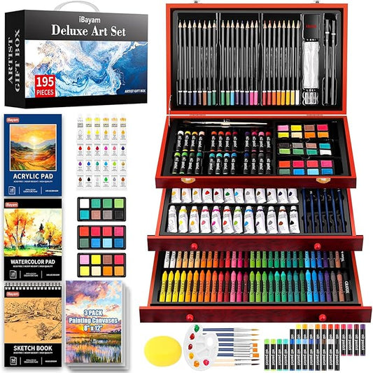 iBayam Art Supplies, 195 Pack Art Set Drawing Kit for Adult, Arts and Crafts Painting Kit, Art Kits Paint Set with Acrylic Pad, Sketchbooks, Watercolor Pad, Canvases, Gift Box