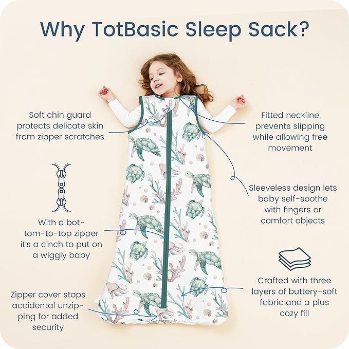 1.0 TOG Toddler Sleep Sack, Wearable Blanket Baby Sleeping Bag with 2-way Safe Zipper, Ultra Soft All Season Sleep Sack for 24-36-48 Months, 1 Pack(Green Turtle)