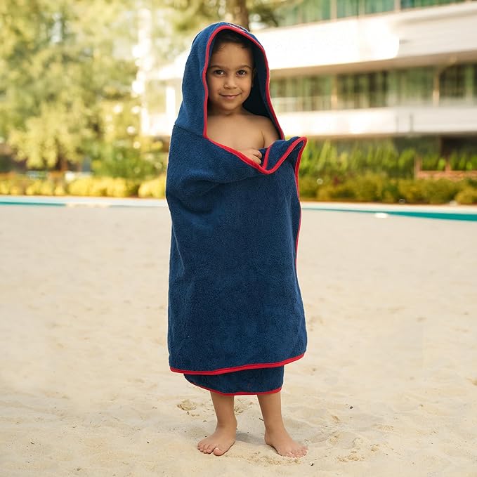 BAGNO MILANO Kids Organic Turkish Cotton Hooded Beach Cover-Up Towel, GOTS Certified, for Boys and Girls (Racer Navy, 24"x48"+8"/Hooded Towel)