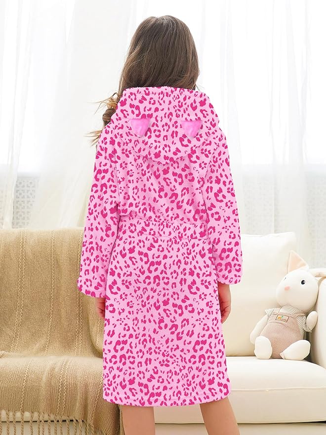 Doctor Unicorn Girls Leopard Cat Robe Kids Fleece Warm Hooded Bathrobe