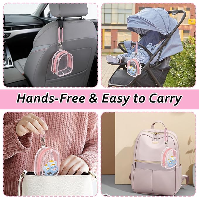 2 Pack Clear Holder Case with Checkered Strap for Pacifier Portable Storage Case for Diaper Bag Essentials Travel PVC Neutral Binky Holder Purse for Baby Boys Girls (Pink,White)