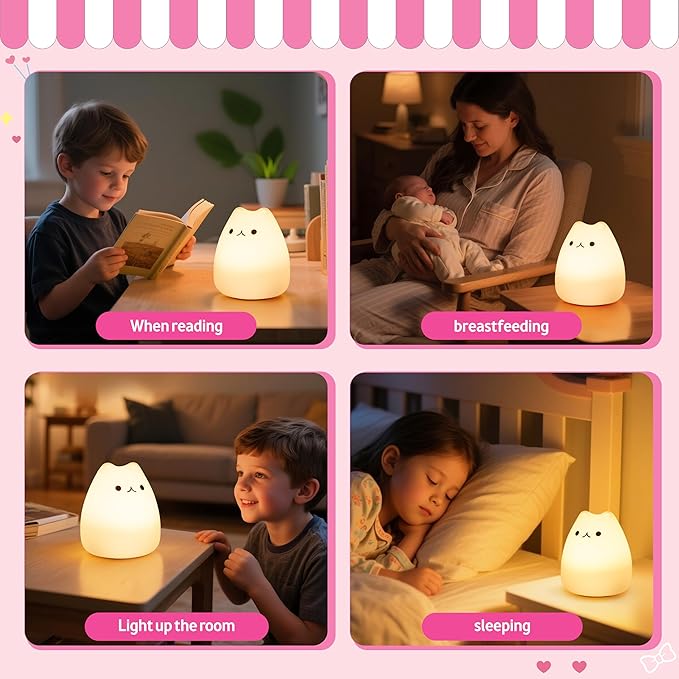 loatme Night Light for Kids, Rechargeable Dimmable Silicone LED Nightlight with 7 Colors, Baby Nursery Night Lamp, Touch Squishy Lamp, Cute Gifts for Girls, Boys, Toddler Room Decor, Cat