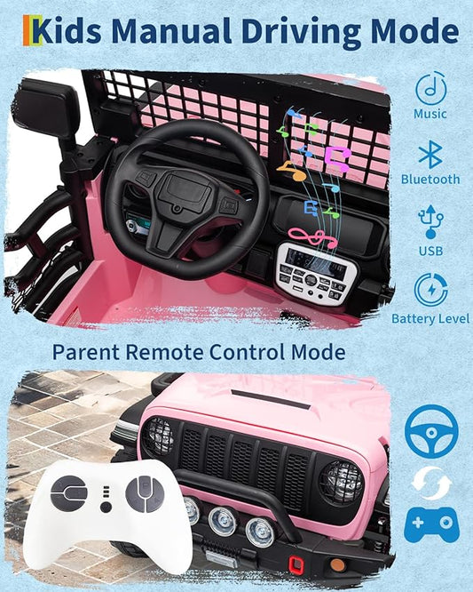 2 Seats 24V Kids Electric Ride on Car with Remote Control, 20" Large Seat with 2 Safety Belts, Two 200W Battery Powered Electric Vehicle for 3+ Years, LED Light,Music,Horn,USB Port, Riding Toy, Pink