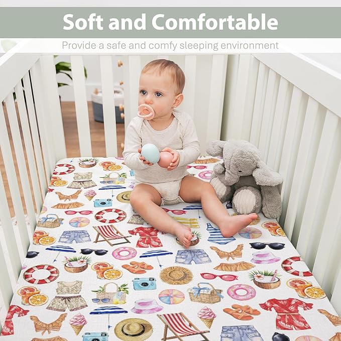 Watercolor Girl Beach Days Baby Crib Sheets for Boy Girl 52x28Inch Summer Seaside Soft Stretchy Fitted Crib Mattress Cover Beach Vacation Holiday Baby Sheet for Standard Crib & Toddler Mattress Pad