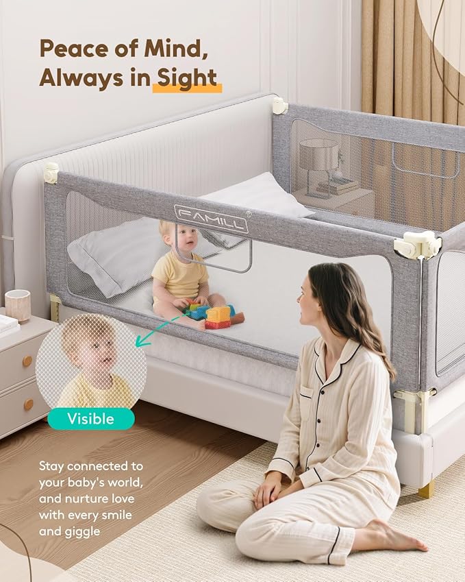 FAMILL Bed Rail for Toddlers, Foldable Toddler Bed Rails Suitable for Queen/King/Full/Twin Size, Grey, 70.8", 1 Side