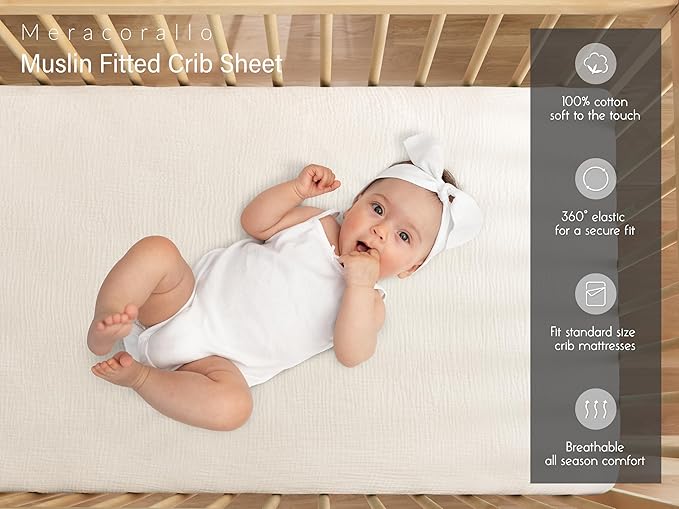 Meracorallo Muslin Crib Sheet, 100% Cotton Fitted Crib Sheet 28x52 Soft and Breathable Baby Boys Girls Cover for Standard Crib and Toddler Mattresses, Cream