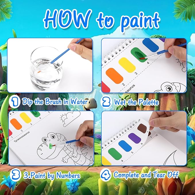 Paint with Water Coloring Books for Toddlers, Watercolor Painting Book and Drawing Art Paper for Kids Ages 3 4 5 6 7 8 Years Old, Dinosaurs Art Craft for Drawing with Brush