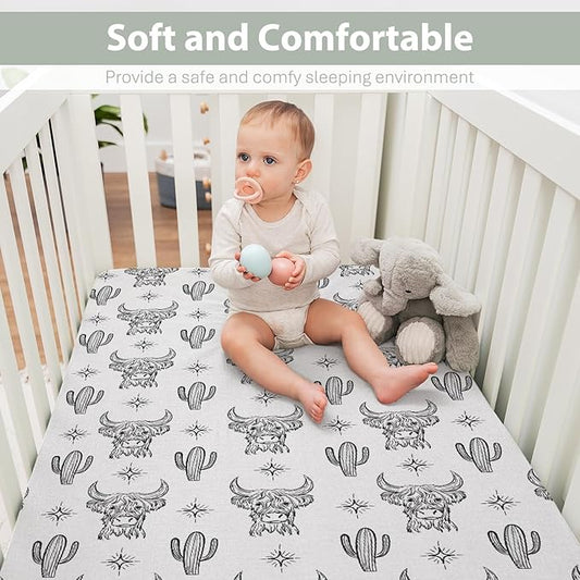 Boho Western Cow Cactus Baby Crib Sheets for Boy Girl 52x28Inch Black and White Highland Yak Soft Stretchy Fitted Crib Mattress Cover Wild West Animal Baby Sheet for Crib and Toddler Bed Mattresses