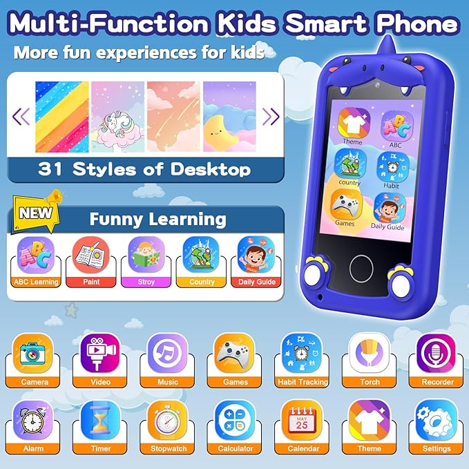 Kids Phone for Boys Girls, Touchscreen Toddler Smartphone Learning Toy, 3-10 Year Old Christmas Birthday Gift, Play Cell Phone With Camera, Games, Music, 8GB Card