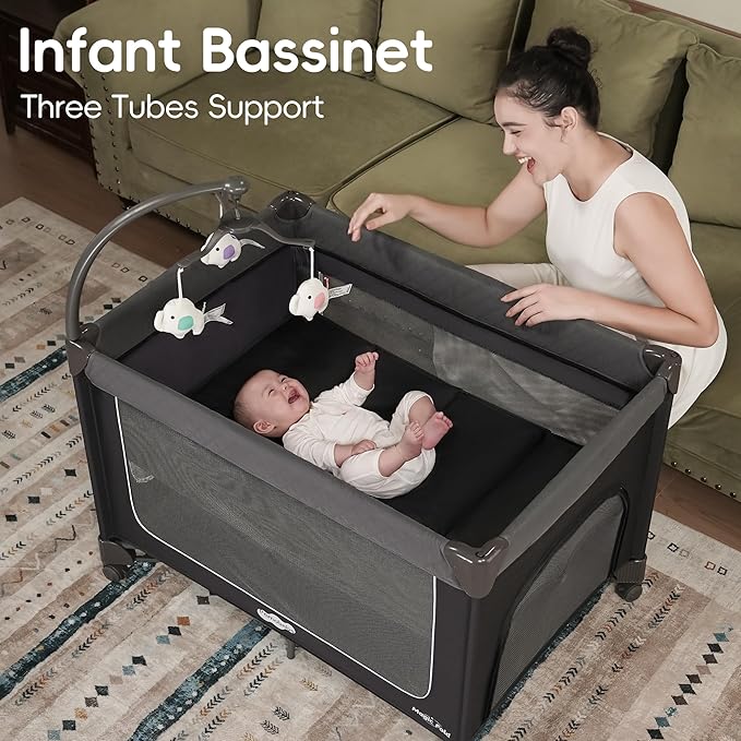 Pamo Babe 1 Step Setup Pack and Play for Babies - Portable Crib with Zip Door & Changing Table