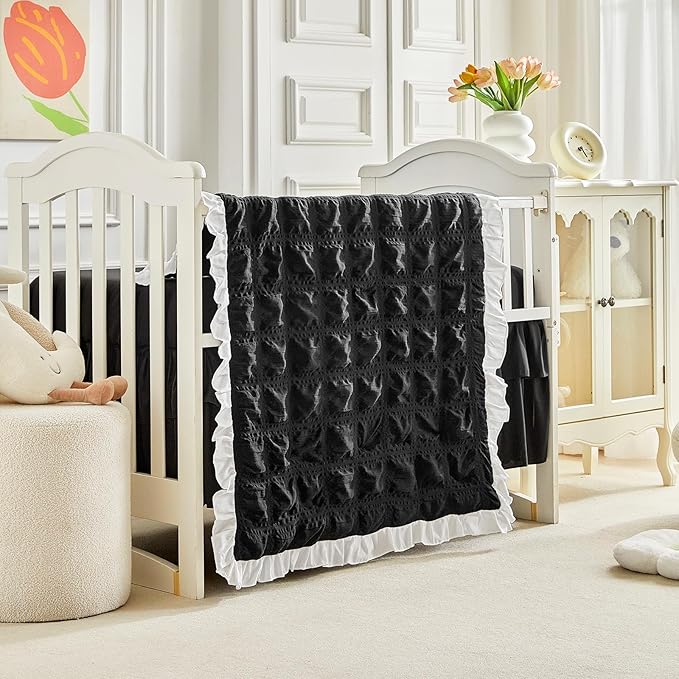 Ruffled Crib Bedding Set Baby Boho Quilted Comforter with Fitted Sheet and Bed Skirt - Cute Soft Breathable Seersucker Ruffled Shabby Chic Bedding Soft Blanket Design - Black
