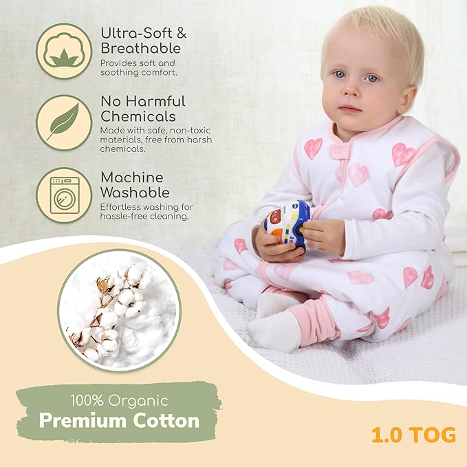 Mama Cheetah Toddler Sleep Sack with Feet 3T-4T, 1.0 TOG Organic Cotton Baby Wearable Blankets with Legs, Baby Sleeping Bag for Walkers, Early Walker Large