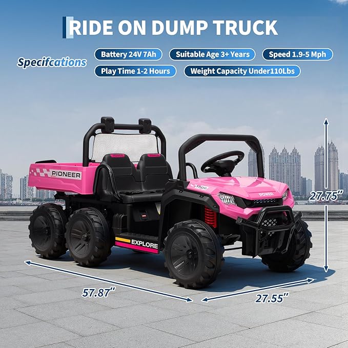 24V 4WD Electric Ride-on Dump Truck for Kids, 2-Seater with Parental Remote Control, 3 Speeds, All-Terrain Off-Road Toy Car for Boys Girls, Pink