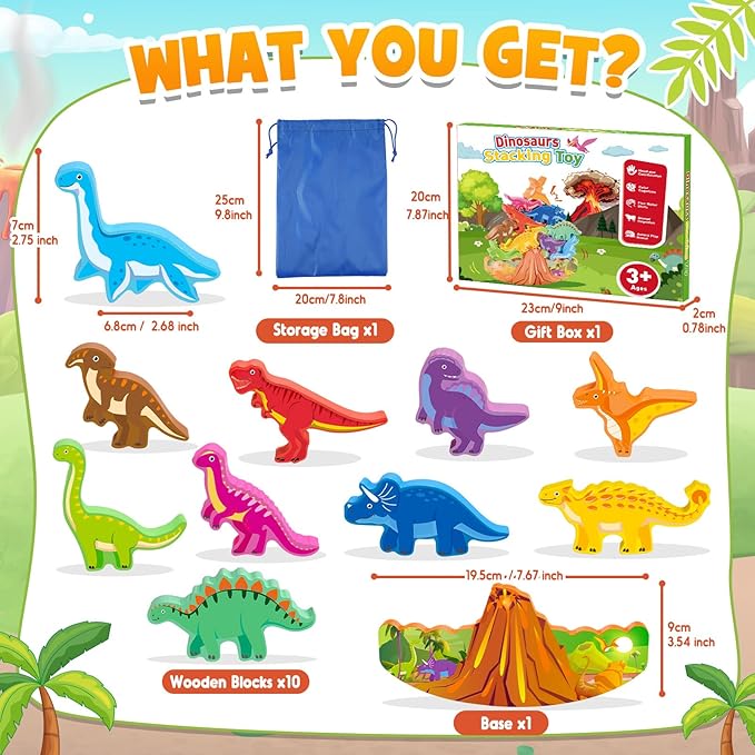 Dinosaur Toys for Kids 3-8 Kid Wooden Stacking Blocks Montessori Toy for 3 4 5 6 7 8 Year Old Boys Girls Christmas Birthday Gifts Toddler Balance Game Ages 3-5 Toys for Boy Girl Age 5-7