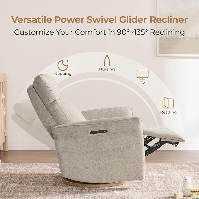 CHITA Power Recliner Chair, Electric Triple-Motor Swivel Glider Nursery Rocking Chair with Adjustable Power Headrest and Lumbar Support, Solid Wood Base, Khaki Grey