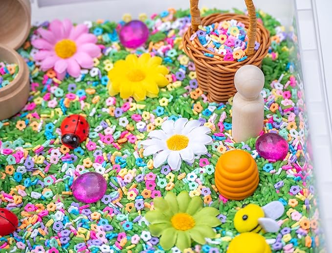 Spring Flower Sensory Bin Kit for Kids – Green Rice, Felt Bees, Wooden Eggs & Ladybugs, Floral Accessories & Wooden Tools – Includes Clear Storage Bin