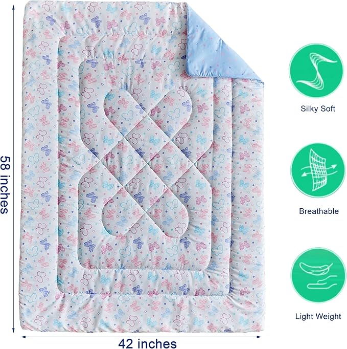 JHXHMX Butterfly Toddler Bedding Set for Girls,4 Pieces Bed-in-a-Bag Toddler Bed Set,Soft Crib Comforter Sheet Set Including Comforter,Fitted Sheet,Flat Sheet and Pillowcase-White