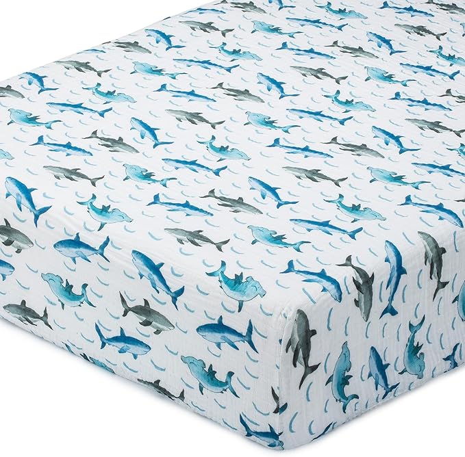 LollyBanks Fitted Crib Sheets for Boys, Soft 100% Cotton Baby Boy Sheet, Fits Standard Size Mattress 28 in x 52 in, Breathable Muslin Crib Sheet 1 Pack (Sharks Print)