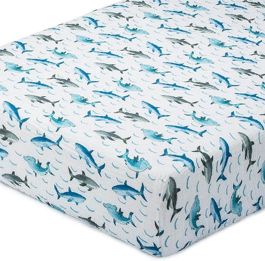 LollyBanks Fitted Crib Sheets for Boys, Soft 100% Cotton Baby Boy Sheet, Fits Standard Size Mattress 28 in x 52 in, Breathable Muslin Crib Sheet 1 Pack (Sharks Print)