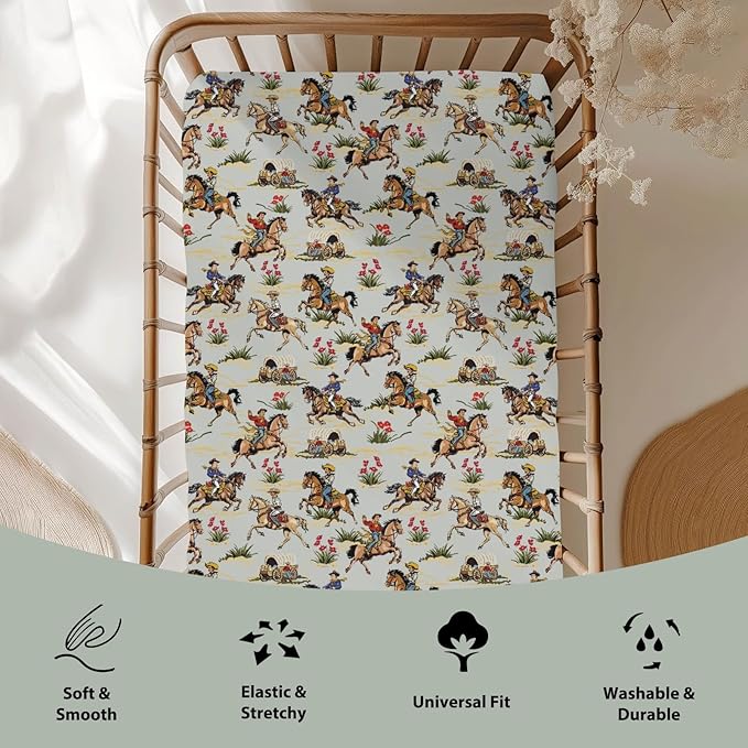 Vintage Cowboy Floral Baby Crib Sheets for Boy Girl 52x28Inch Western Cowboy Horse Soft Stretchy Fitted Crib Mattress Cover Wild West Desert Baby Sheet for Standard Crib & Toddler Bed Mattresses