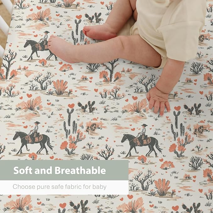 Vintage Western Cowgirl Love Baby Crib Sheets for Boy Girl 28"x52" Retro Pink Cowgirl Horse Cactus Soft Stretchy Fitted Crib Mattress Cover Wild West Baby Sheet for Standard Crib and Toddler Mattress