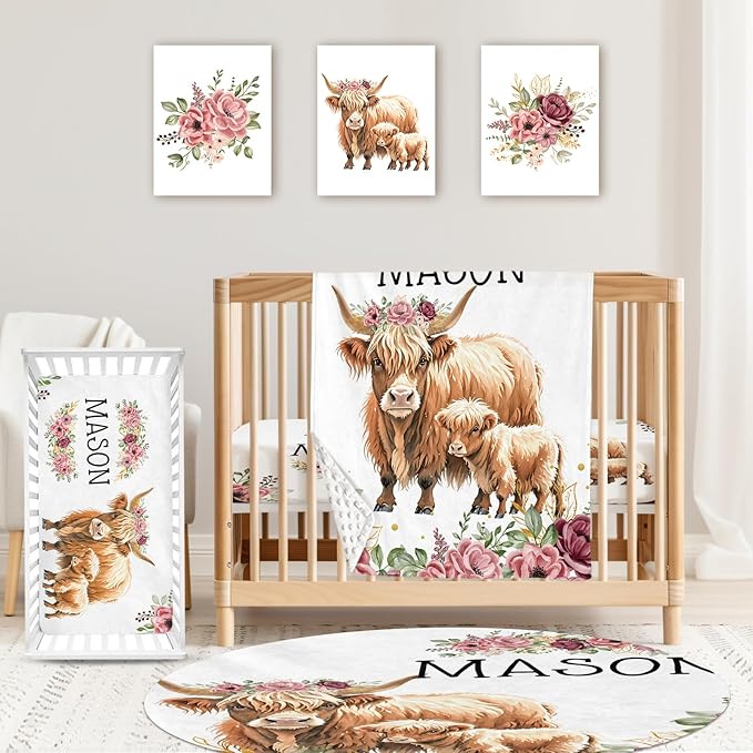 Personalized Baby Crib Bedding Set: 4 Piece Custom Flower Highland Cow Crib Bed Set with Name, Nursery Bedding Set for Baby Girls, Newborn Boys Crib Sets, Crib Bedding Custom Gift, Crib Sheet