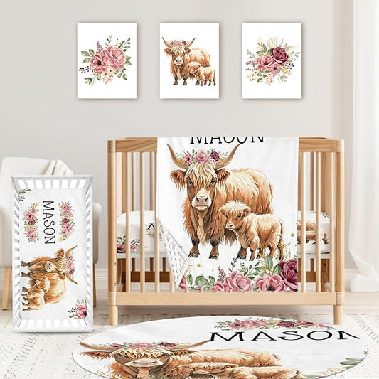 Personalized Baby Crib Bedding Set: 4 Piece Custom Flower Highland Cow Crib Bed Set with Name, Nursery Bedding Set for Baby Girls, Newborn Boys Crib Sets, Crib Bedding Custom Gift, Crib Sheet