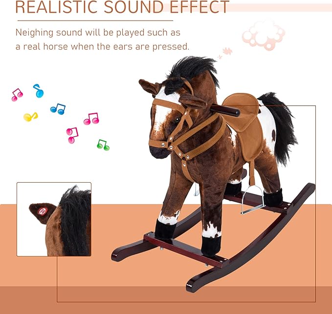 Qaba Kids Wooden Plush Ride-On Rocking Horse Chair Toy with Realistic Sounds Dark Brown/White