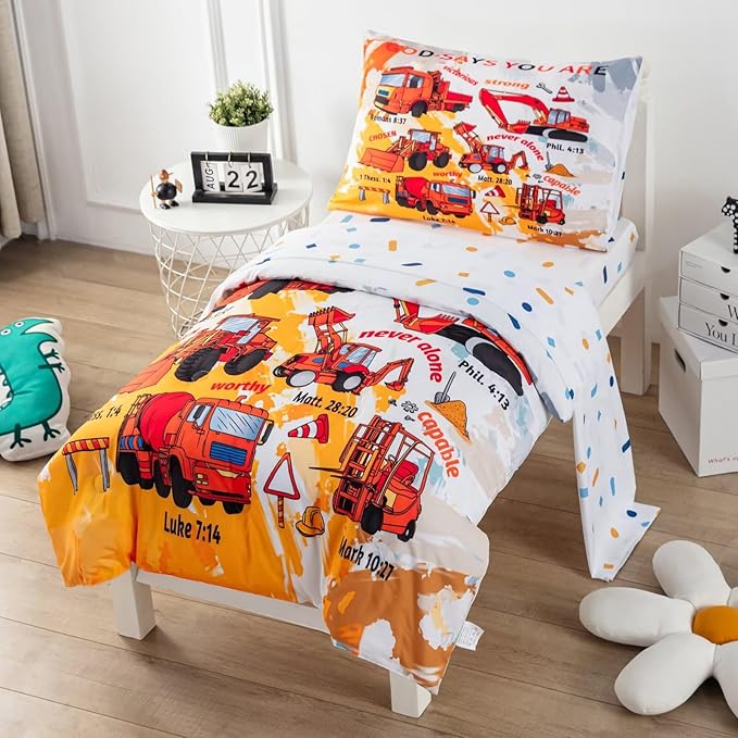 4 Piece Toddler Bedding Set for Boys,Cars Construction Toddler Bed Comforter Set Includes Comforter,Flat Sheet,Fitted Sheet and Pillowcase,Christan Trucks Tractors Bed in A Bag for Kids Bedroom