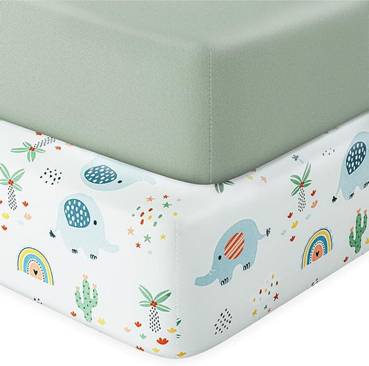 Pack N Play Sheets Fitted, 2-Pack Fit for Standard Pack N Play Mattress, Mini Crib Sheets,Breathable Soft Unisex Playard Sheets (Dumbo & Green)