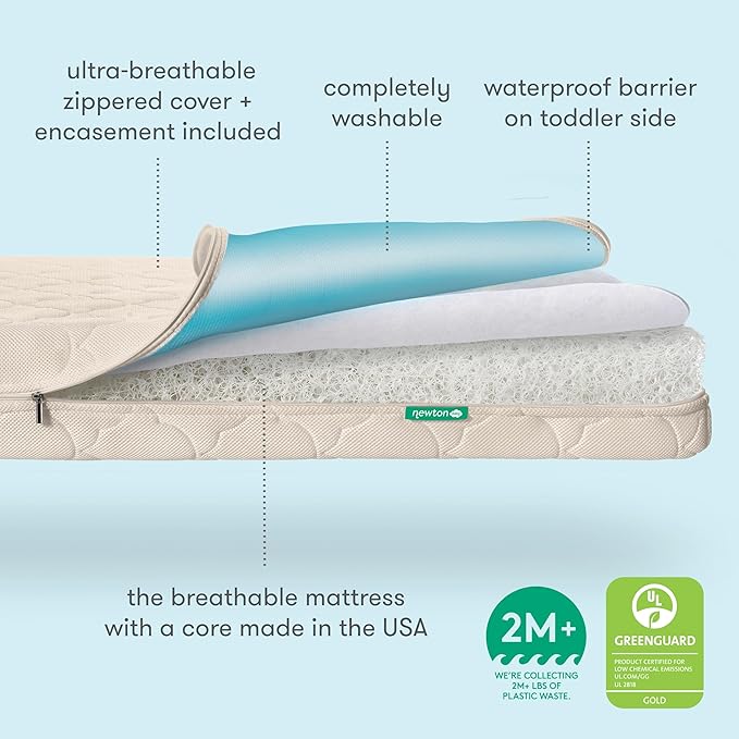 Newton Baby Waterproof Crib Mattress and Toddler Bed - Ultra-Breathable to Minimize Suffocation Risk, Washable Core & Cover, 2-Stage, Plush 5.5" Thick - Sandstone