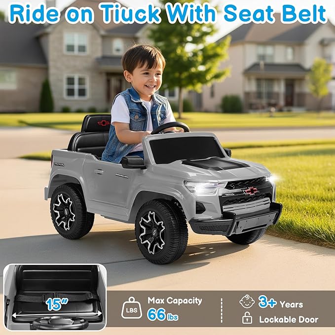 Winado Licensed Chevrolet Colorado Electric Car for Kids, 12V Ride on Toys for Toddlers with Remote Control, Battery Powered Electric Car Ride On Vehicle w/Bluetooth, Soft Start, LED Lights - Gray