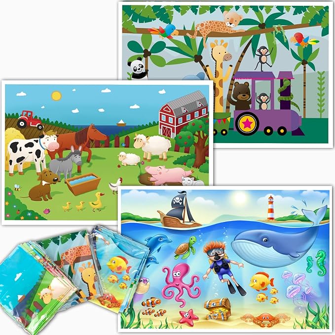 20 Pack Disposable Placemats for Baby, 3 Design Pack Baby Eating Mat, 12" x 18" Sticky Kids Placemats, Toddler Placemat for Restaurants, Plastic Kids Placemat for Dining Table