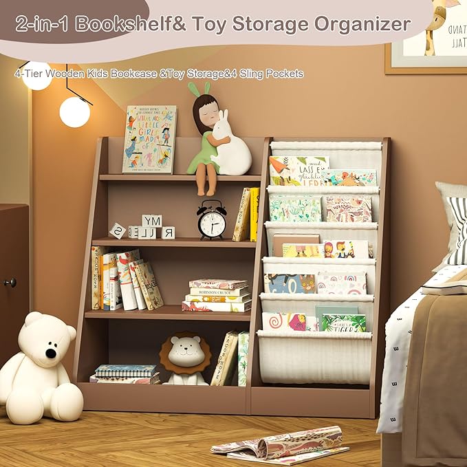 HedoAjim Kids Bookshelf Toy Storage Organizer 4-Tier Wood Book Rack Toddler Bookcase Baby Book Toy Display Shelf 5 Sling Bookshelf for Playroom Bedroom Nursery Classroom Church Espresso