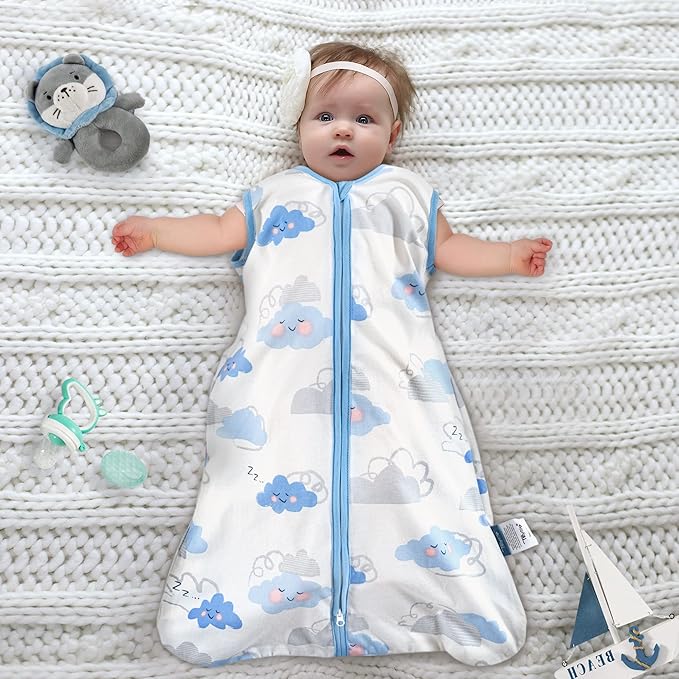 TILLYOU 2 Pack Baby Sleep Sack 6-12 Months 100% Cotton Wearable Blanket 0.5 TOG Sleeveless Summer Sleep Sacks with 2-Way Zipper, Small Cloud & Blue
