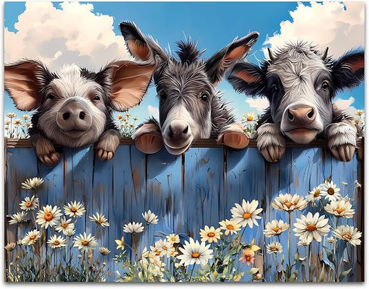LNLAGBO Farm Animals Canvas Wall Art,Funny Farm Animals Bathroom Decor,Rustic Farmhouse Donkey Pig and Baby Cow Looking Over Fence Canvas Print for Bedroom Living Room Kitchen(11''x14''Unframed)