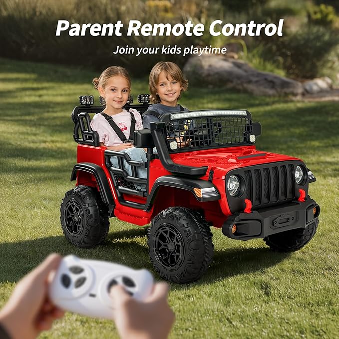 2 Seater Ride on Car Toy, 12V Electric Car for Kids 4-8 with Remote Control, Capacity 110 lb, LED Light - Red
