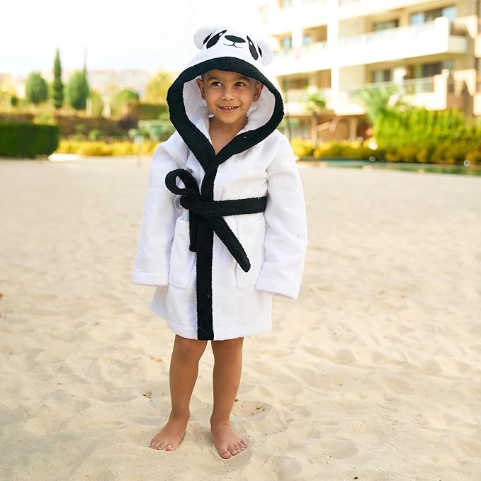 BAGNO MILANO Kids Organic Turkish Cotton Hooded Beach Cover-Up Towel, GOTS Certified, for Boys and Girls (Panda White, 3-4 Years)